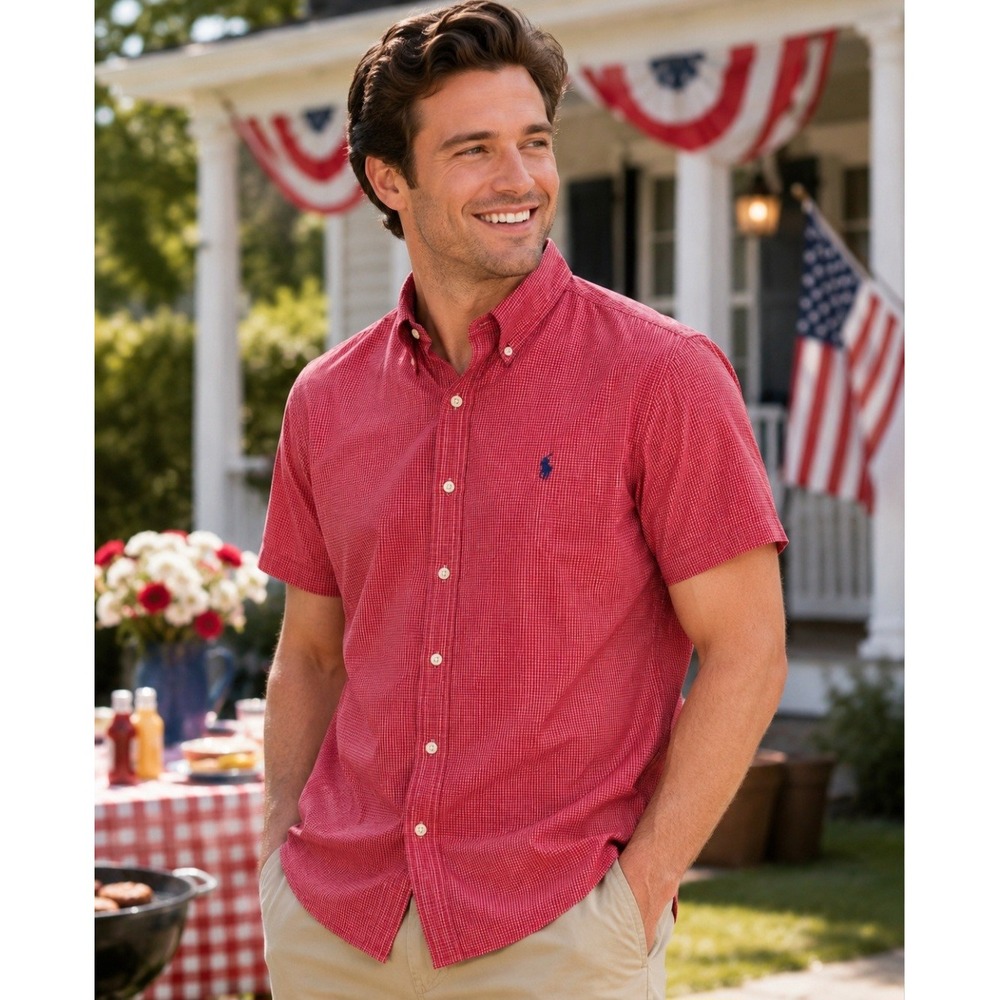 VTG‎ Ralph Lauren Classic Fit Shirt L Red White Blue Plaid SS Americana Dad